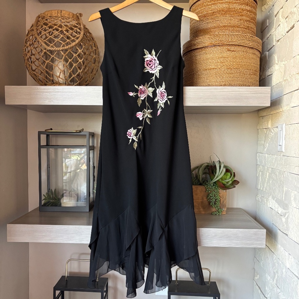 Elegant Rose Embroidered Black Evening Dress w/Chiffon Ruffle